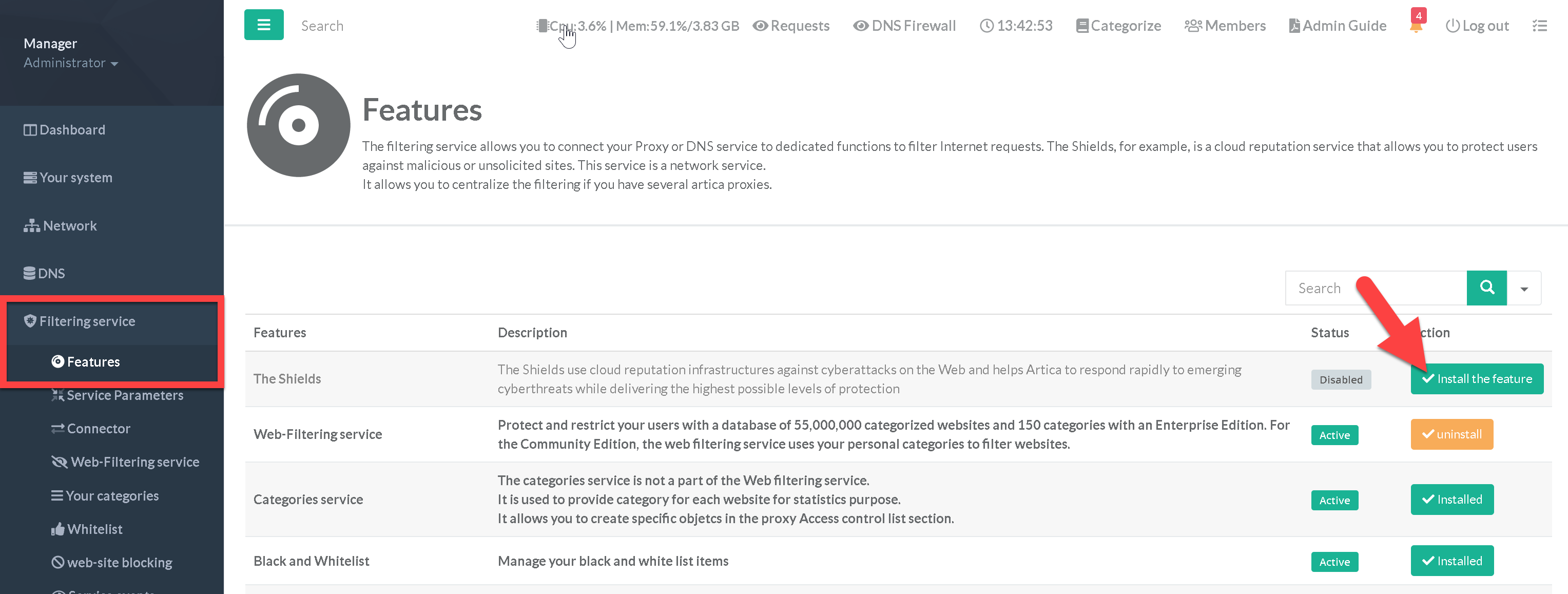 Install The Shields feature and activate the license | Artica Wiki