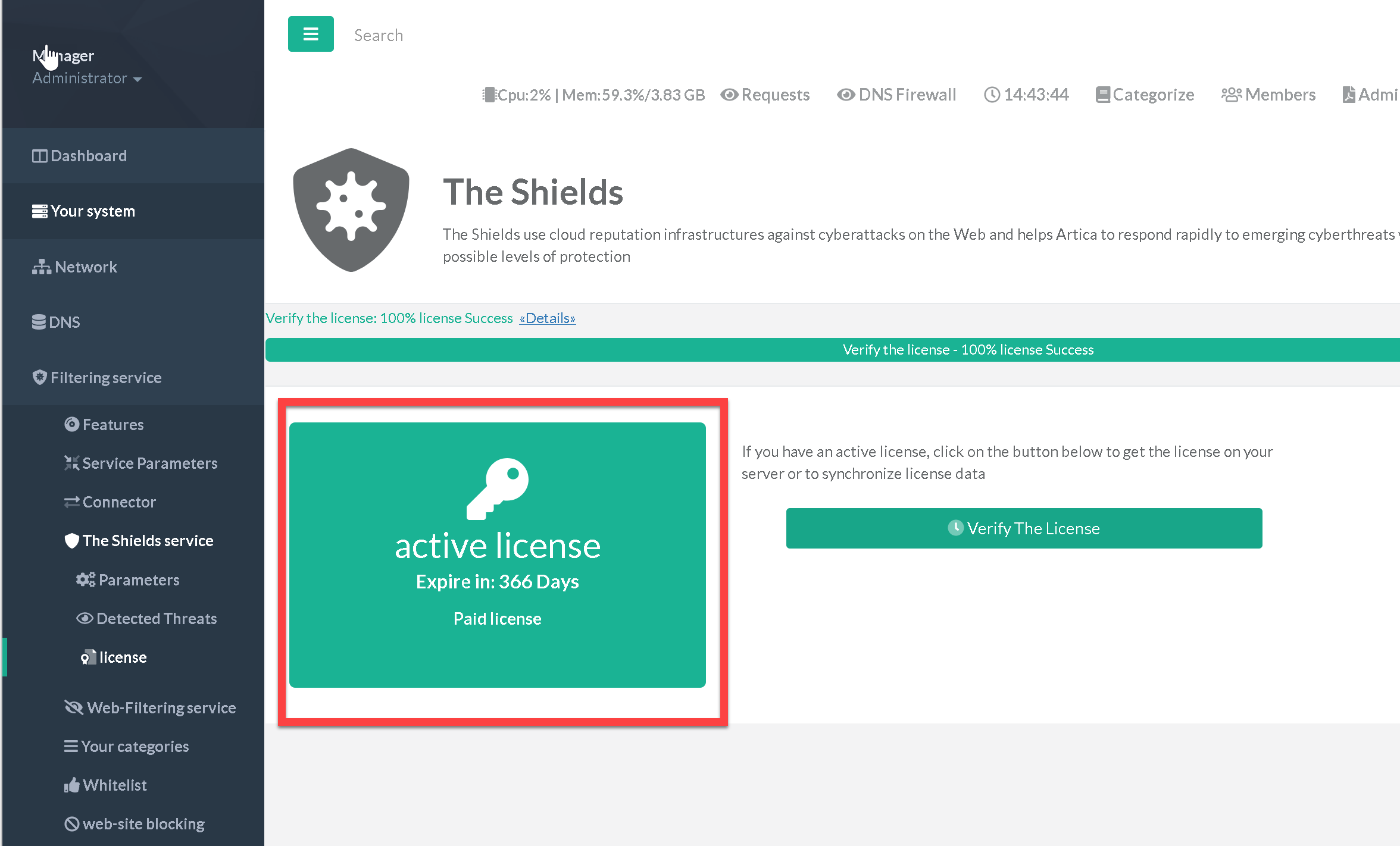 Install The Shields feature and activate the license | Artica Wiki