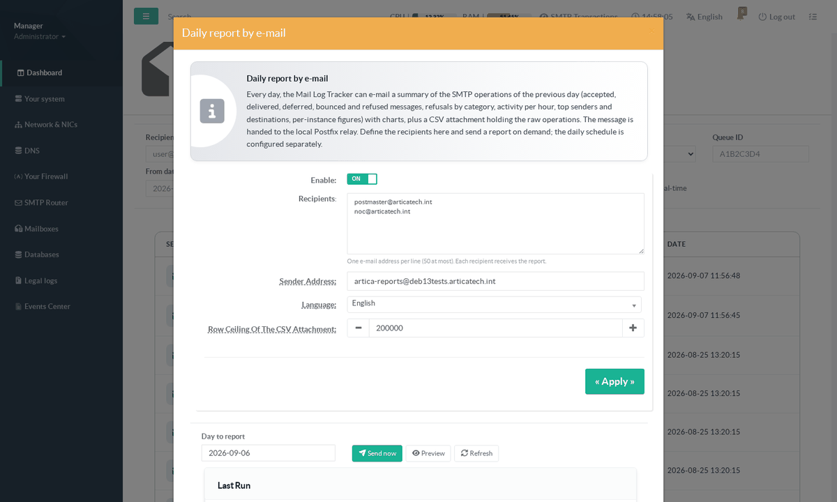 The daily report settings modal