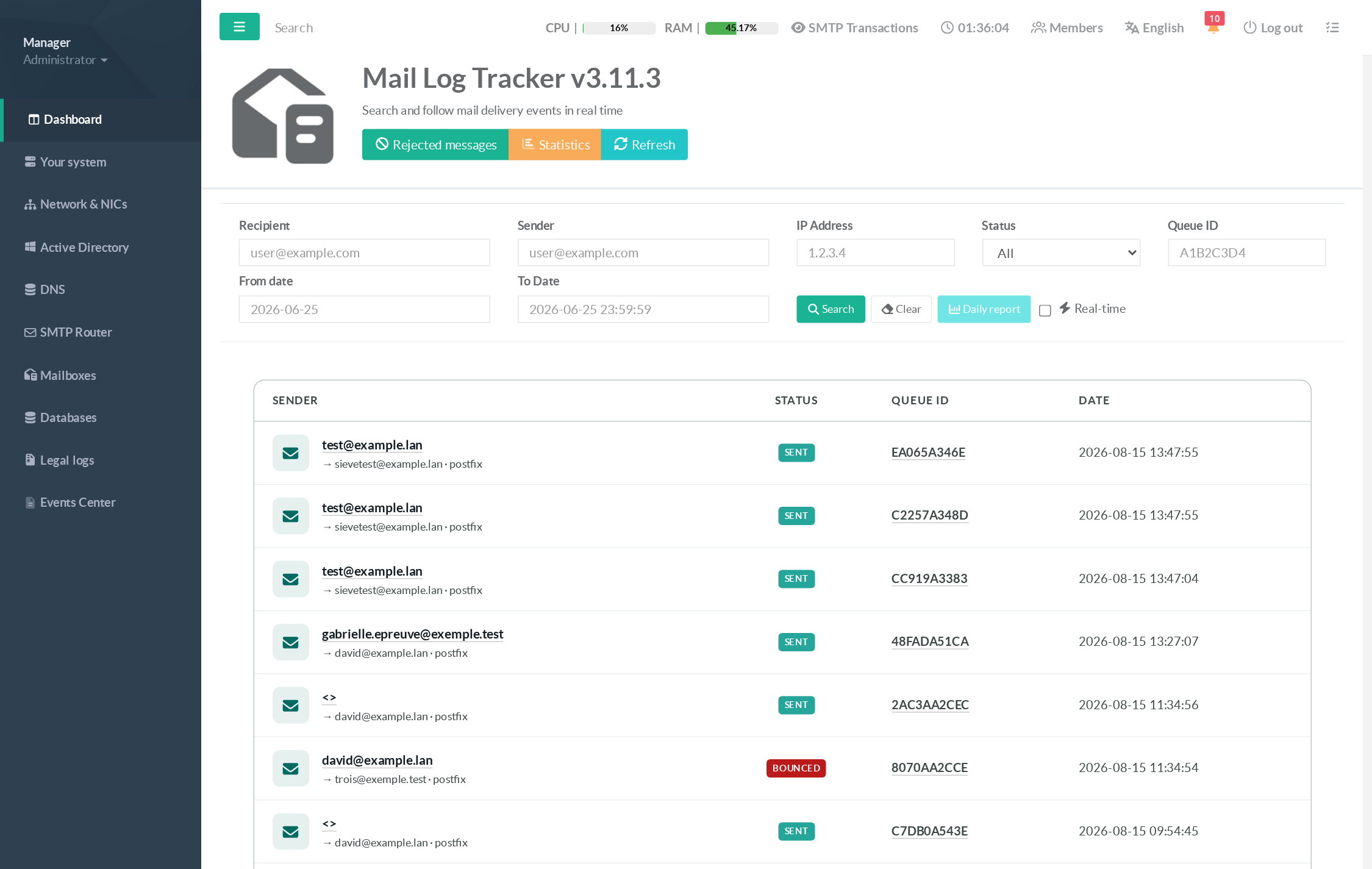 Mail Log Tracker main page