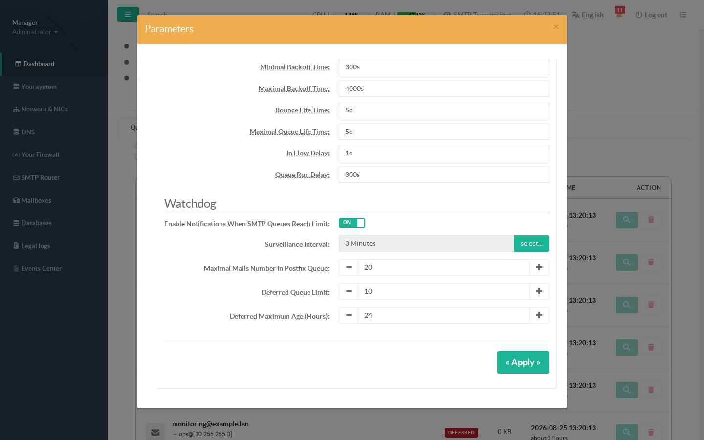 The Parameters window with Postfix queue timing and the Watchdog section