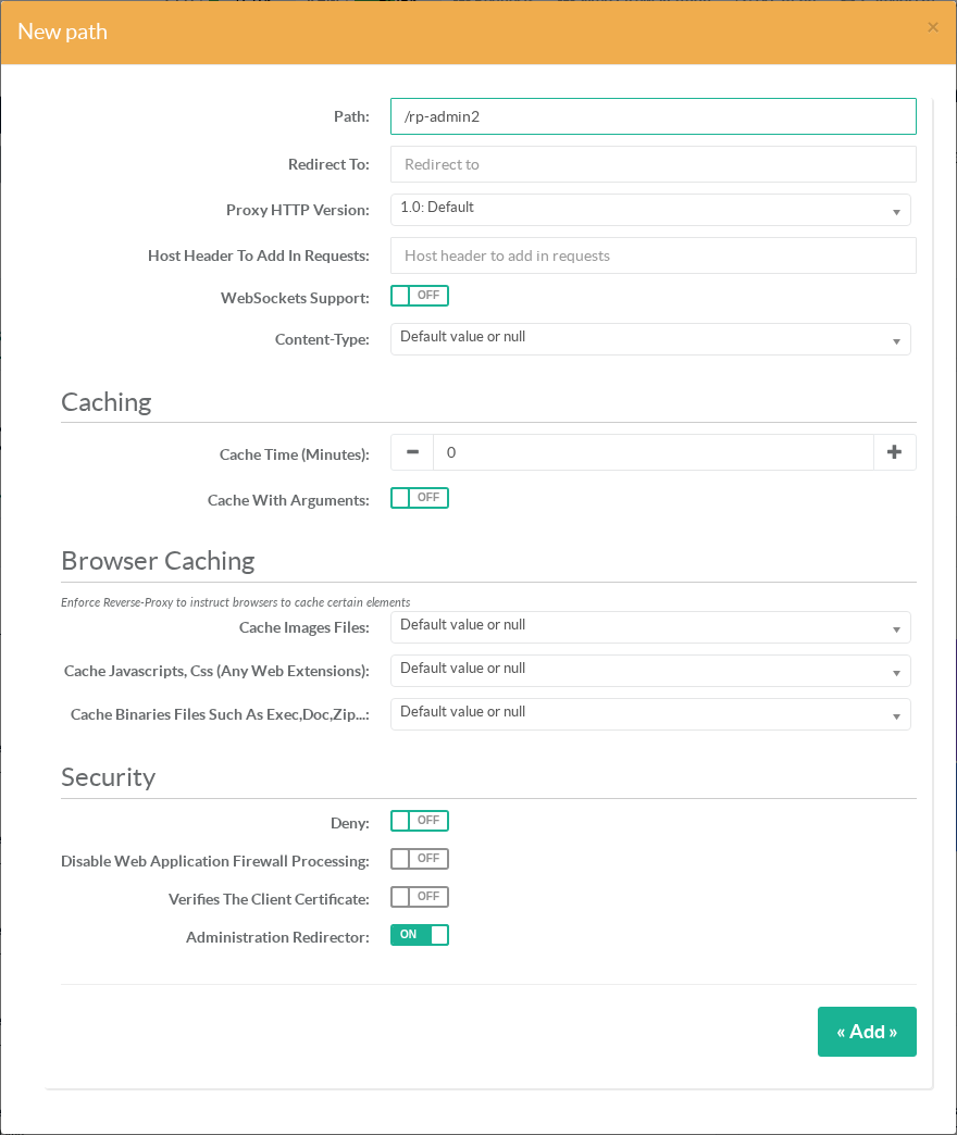 New path form, Administration Redirector enabled in the Security section
