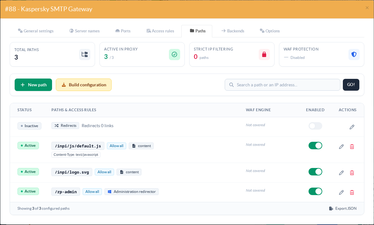 Paths tab showing the published path with its Administration redirector badge