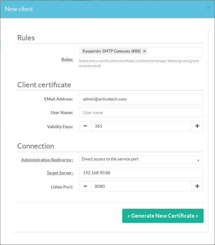 New client form: rules and client certificate sections