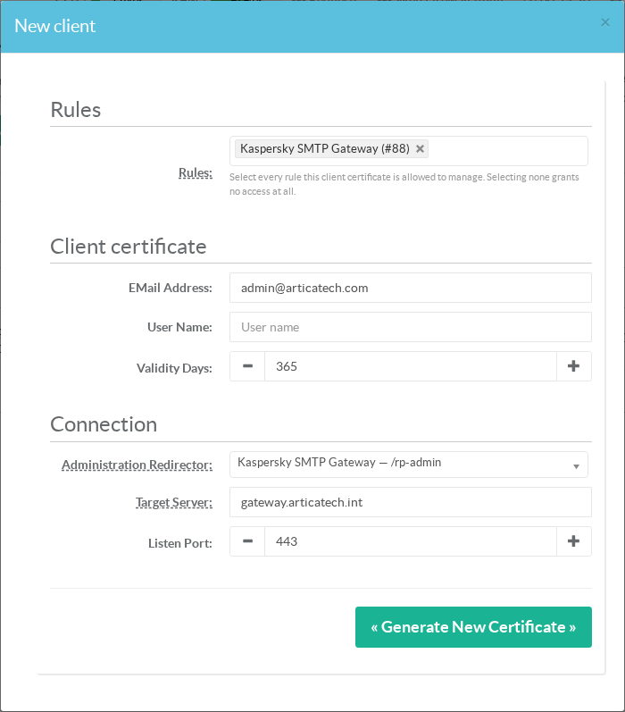 Connection section: a published path selected, target server and port filled in automatically