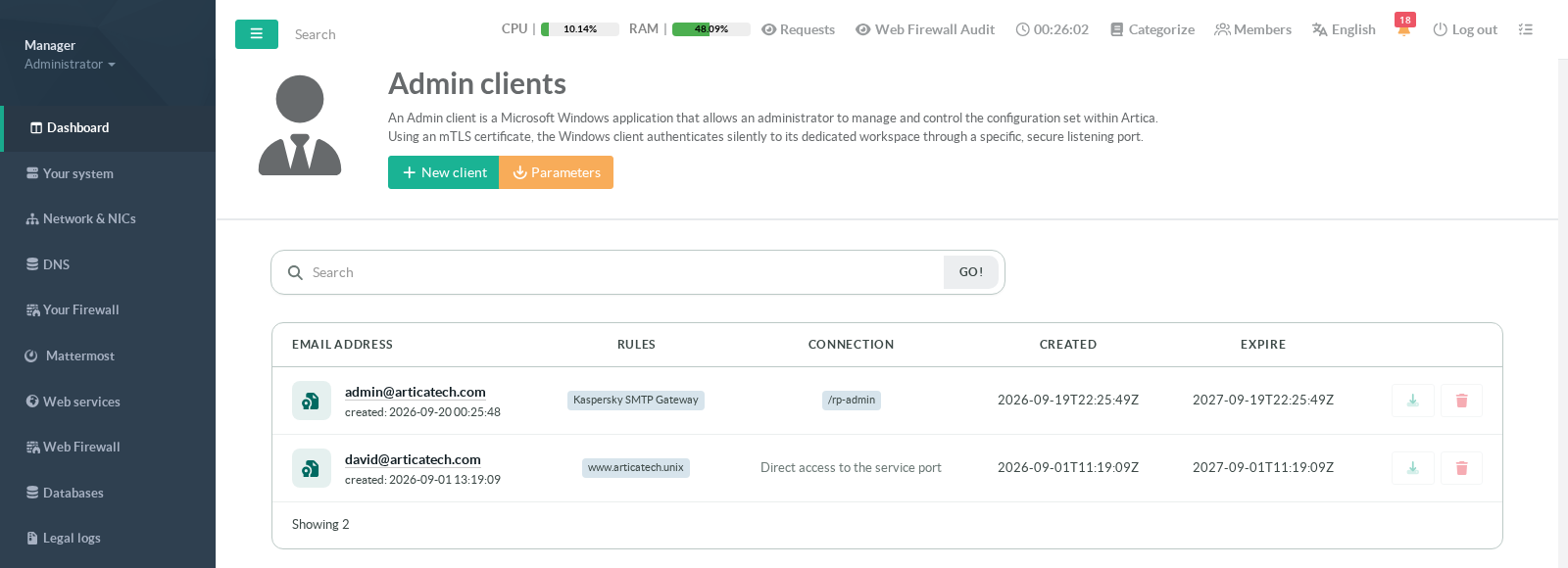 List of generated client configurations with their connection endpoint
