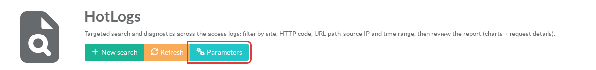 HotLogs page header with the Parameters button