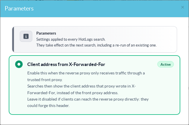Parameters dialog, option active