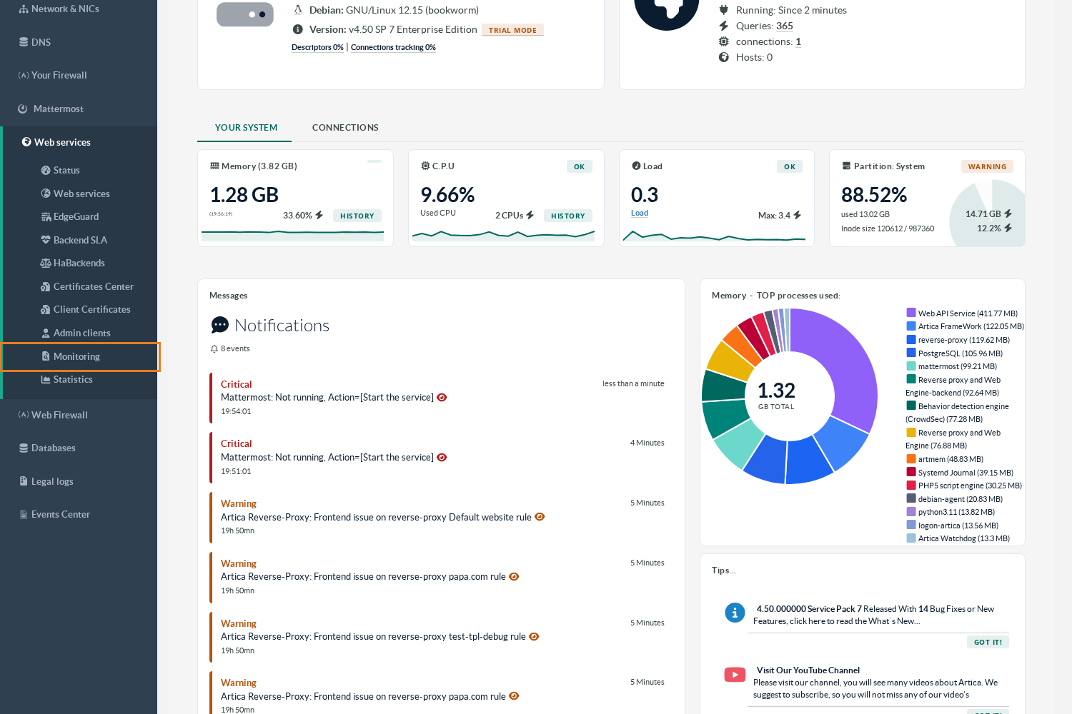Web services menu, Monitoring entry