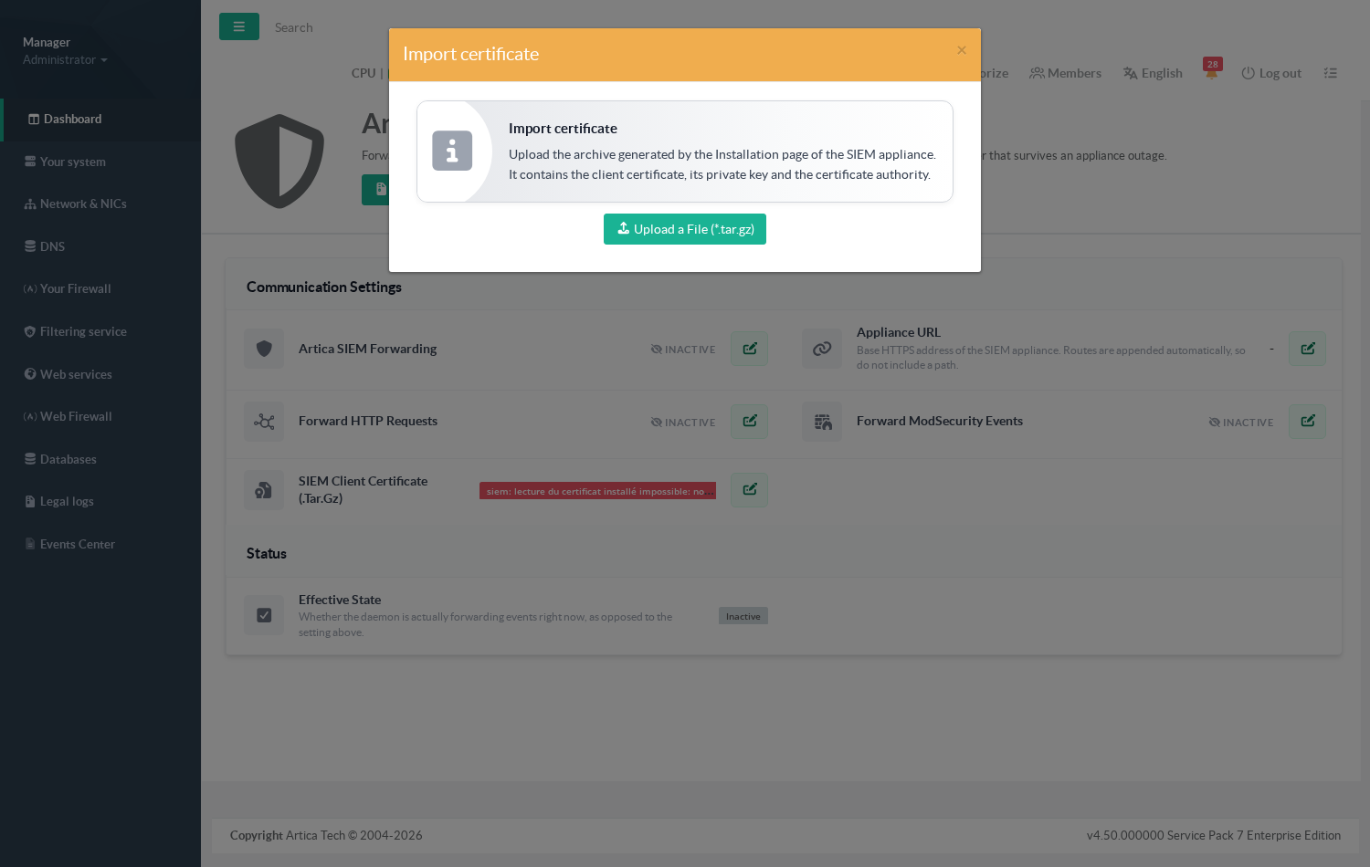 The certificate import dialog