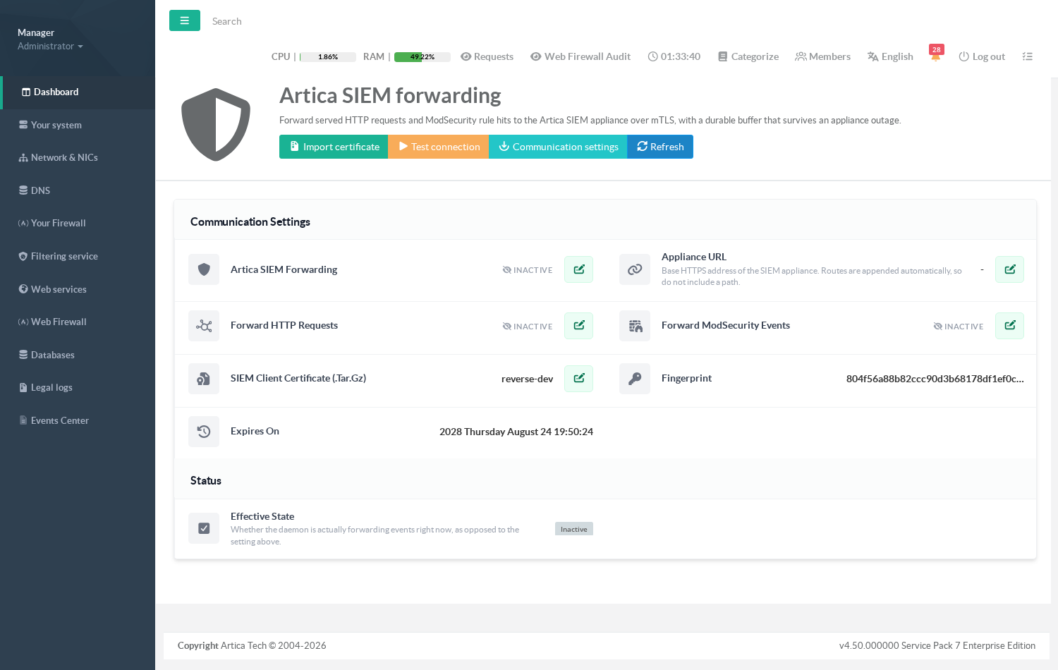 The installed certificate: node, fingerprint and expiry