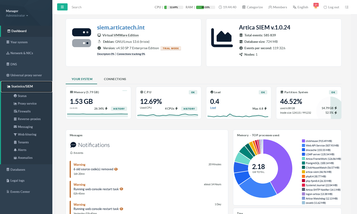 Statistics/SIEM menu with the Tenants entry