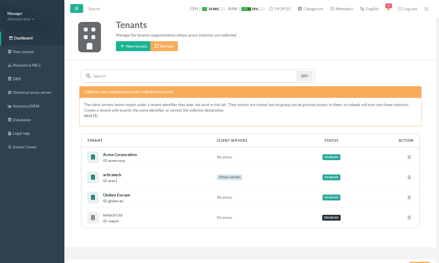 List of tenants declared on the SIEM