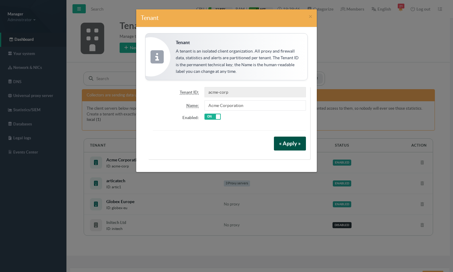 Editing a tenant: the identifier is locked