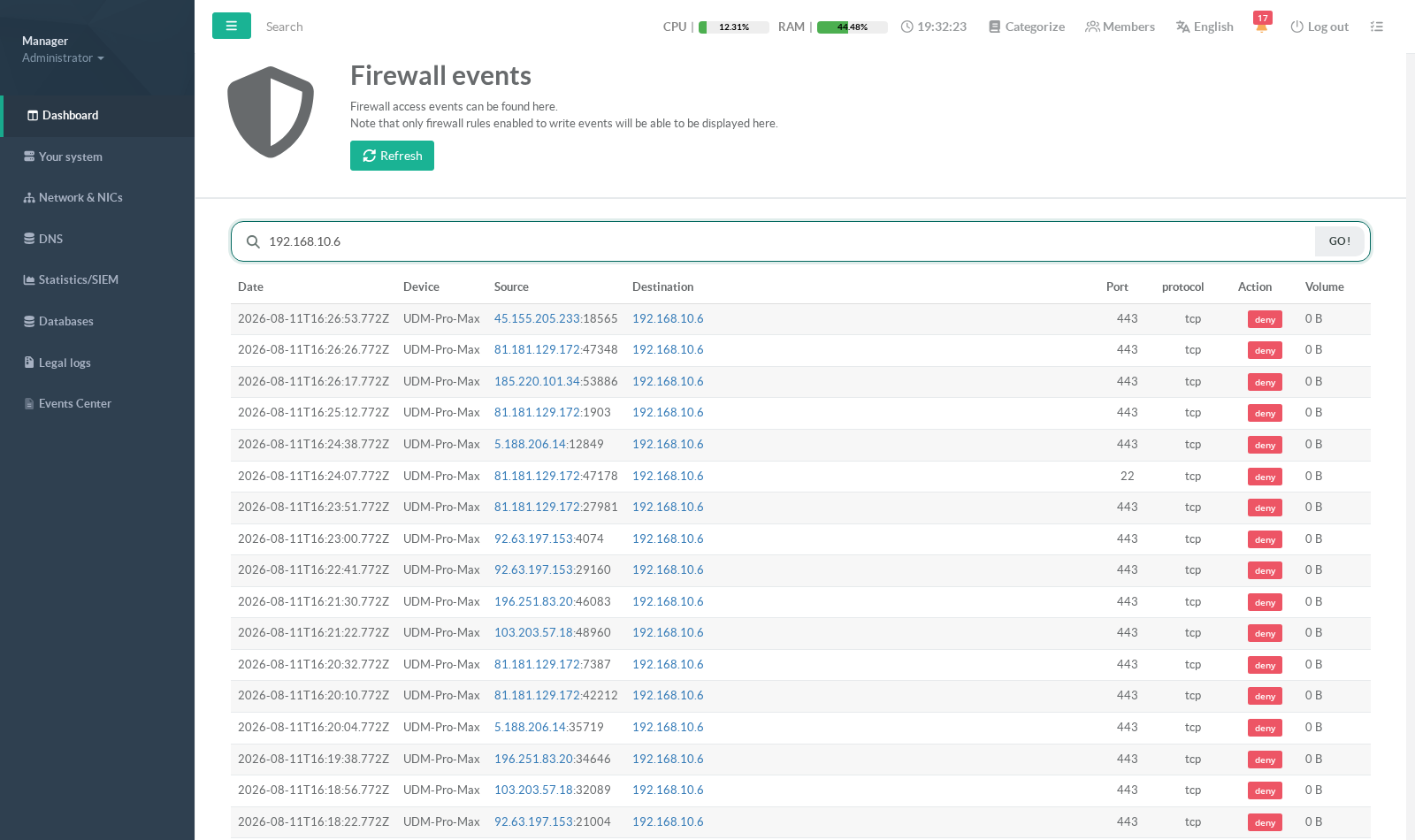 Firewall event journal filtered on a destination IP, showing UniFi deny events