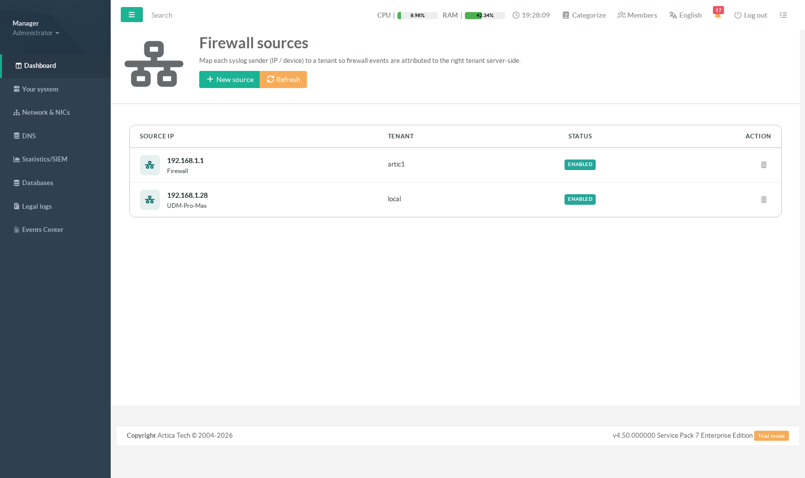 Firewall sources page with the UniFi gateway declared