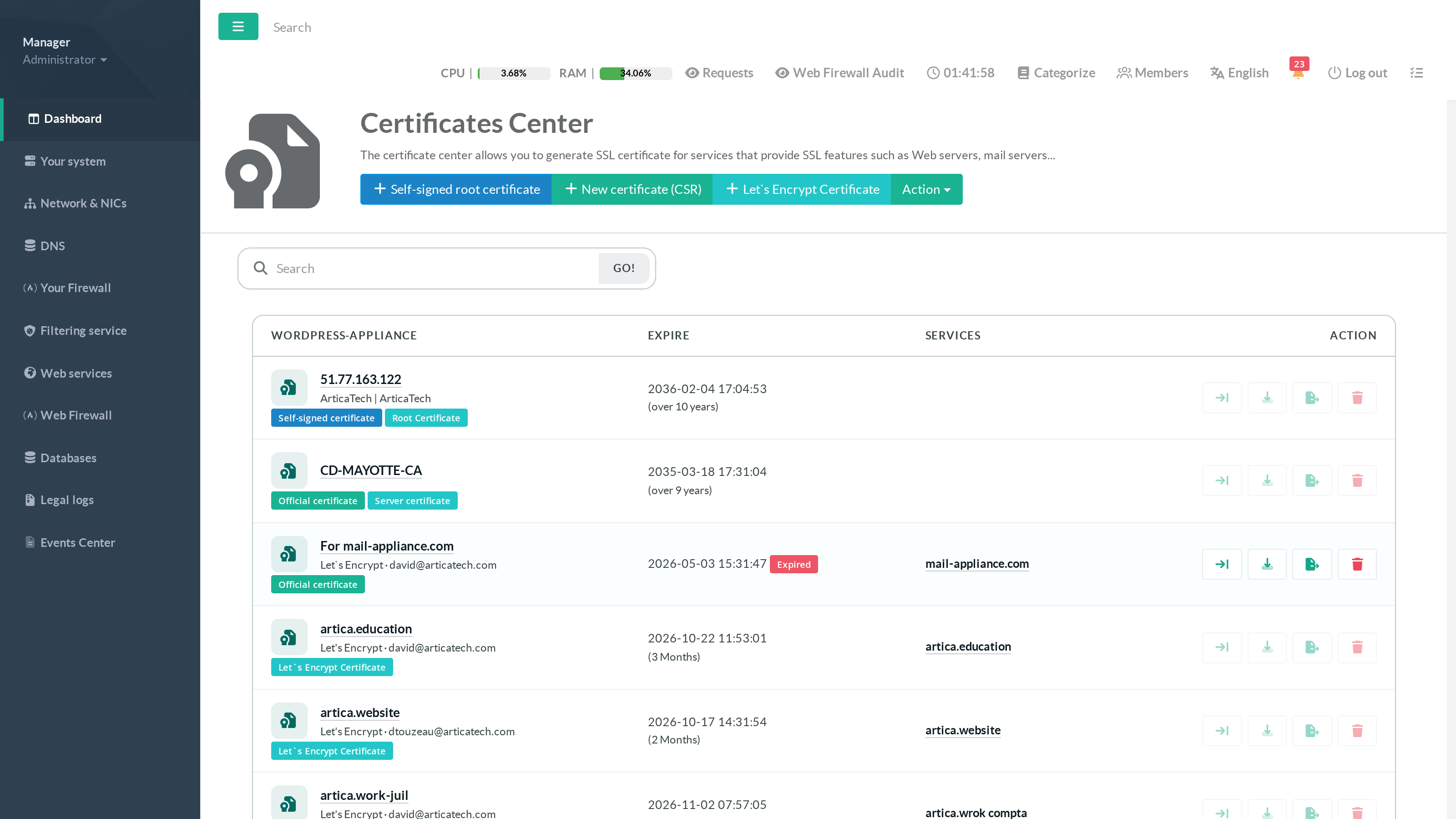 Certificates Center with the Let's Encrypt Certificate button