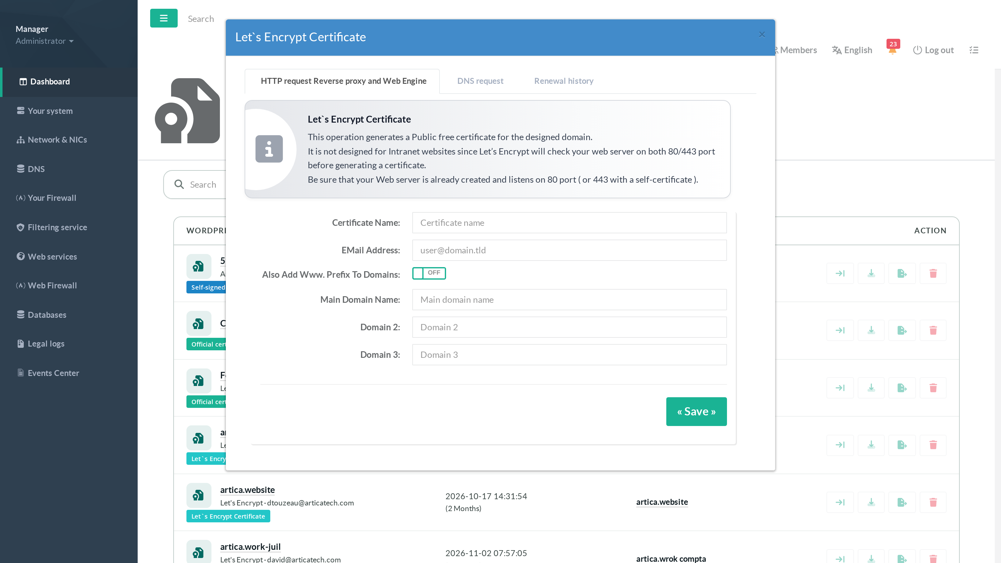 Let's Encrypt wizard tabs including Renewal history