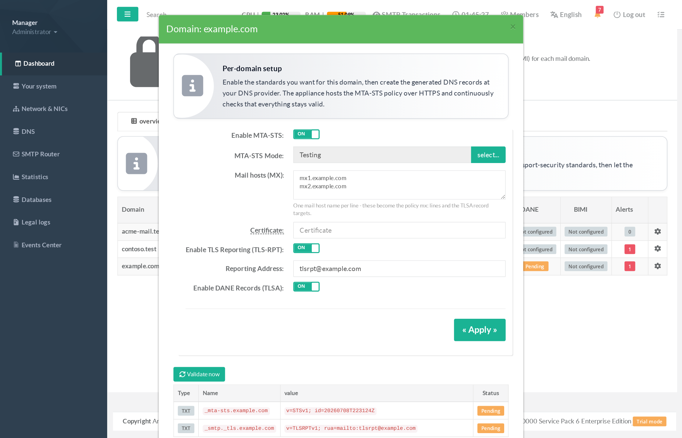 Per-domain setup with generated DNS records