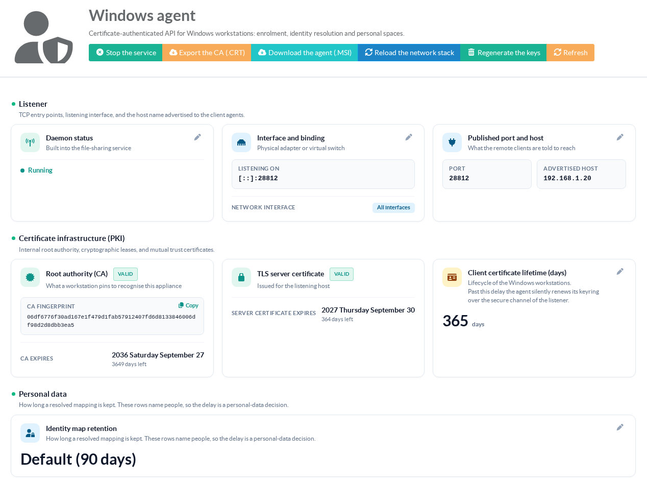 The Windows agent page with the service running