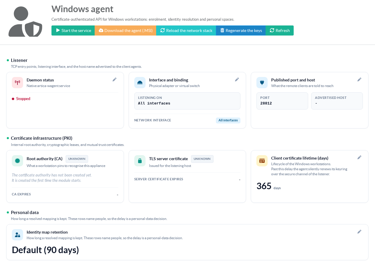 The Windows agent page with the service stopped