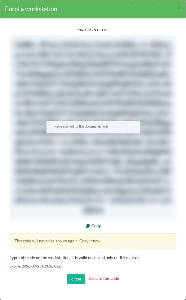 An enrolment code (masked)