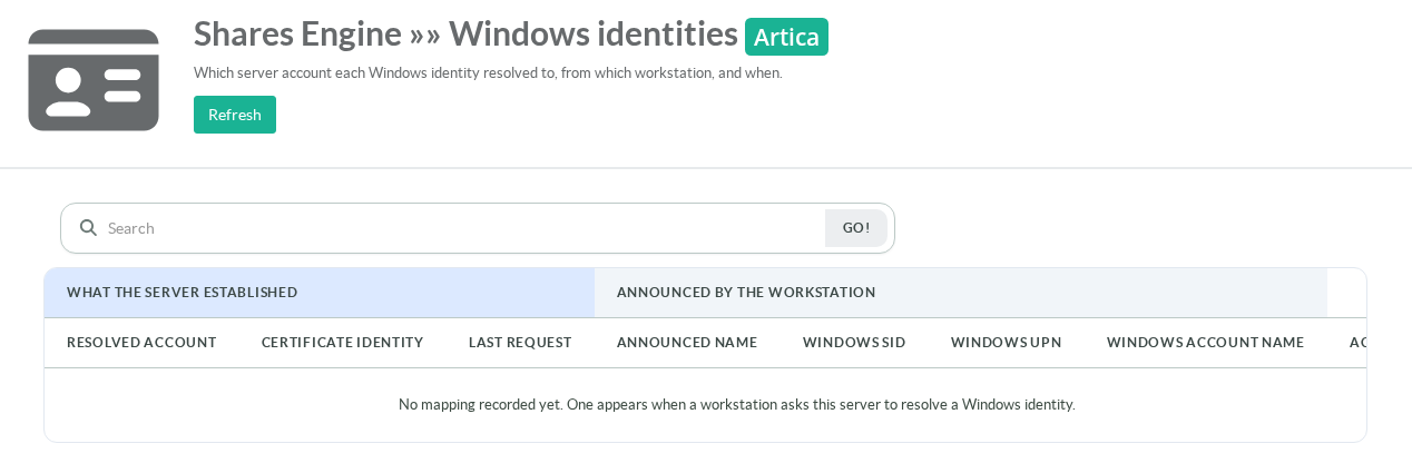 The Windows identities page of an instance